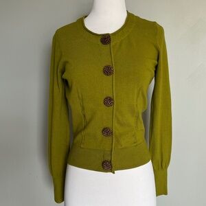 Milly Green Wooden Embellished Button Down Long Sleeve Cocktail Sweater Top Smal